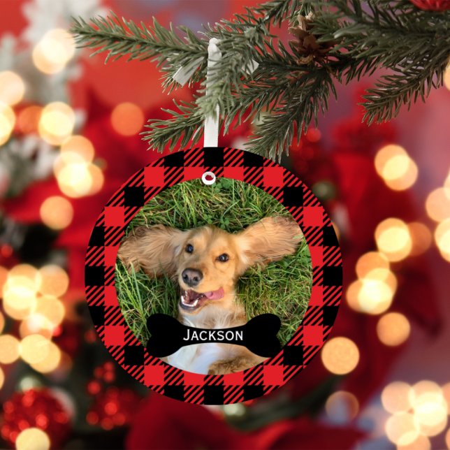Red Plaid Custom Bone Nameplate Dog Photo Ornament (Creator Uploaded)