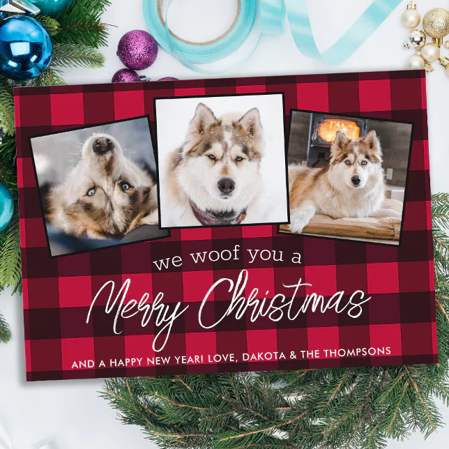 Red Plaid Custom Pet Photo Dog Lover Christmas Holiday Card | Zazzle