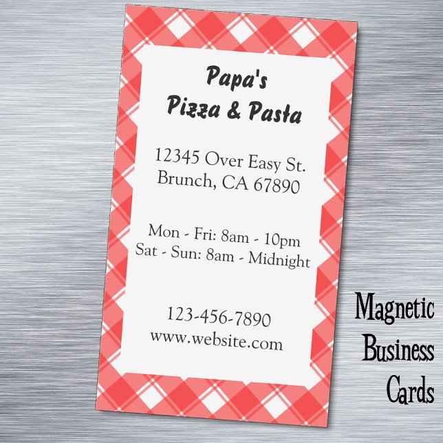Red Plaid Custom Restaurant Ad Magnetic Card (Red white plaid custom magnetic business card)