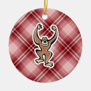 Red Plaid Cute Monkey Ceramic Ornament