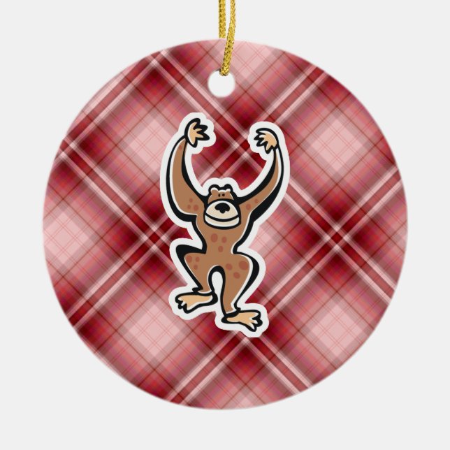 Red Plaid Cute Monkey Ceramic Ornament (Front)