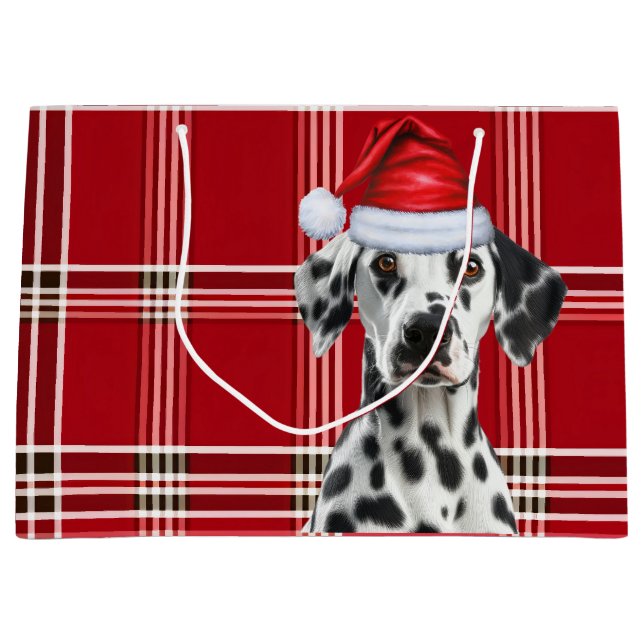 Red Plaid Dalmatian Dog Lover Holiday Large Gift Bag (Front)