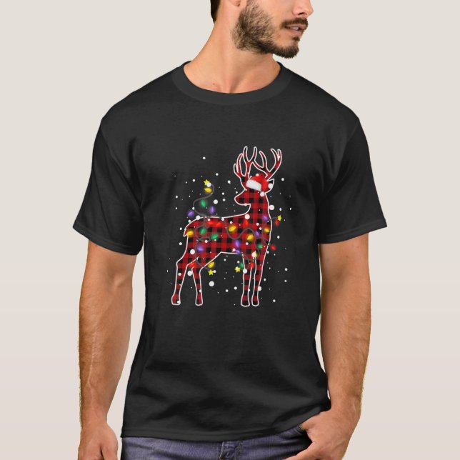 Red Plaid Deer Christmas Pajamas Family Xmas Light T-Shirt (Front)