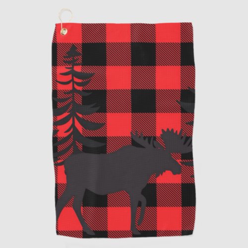 Red Plaid Design Evergreen and Moose Silhouette Golf Towel