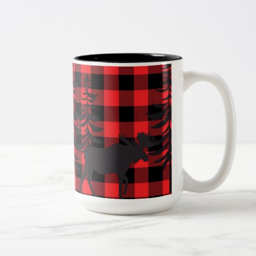 Red Plaid Design Evergreen and Moose Silhouette Two_Tone Coffee Mug
