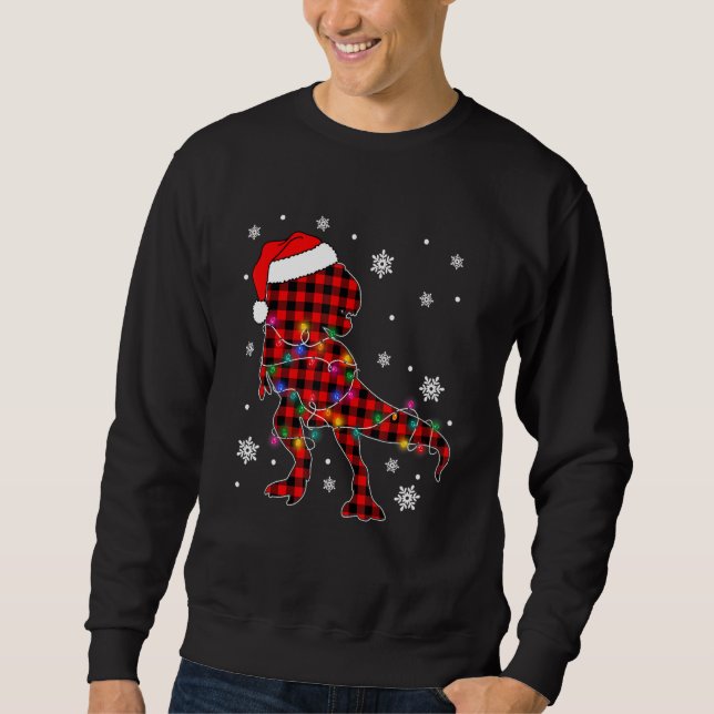 Red Plaid Dinosaur Hat Santa Christmas Lights Buff Sweatshirt (Front)