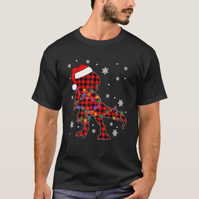 Red Plaid Dinosaur Hat Santa Christmas Lights Buff T-Shirt (Front)