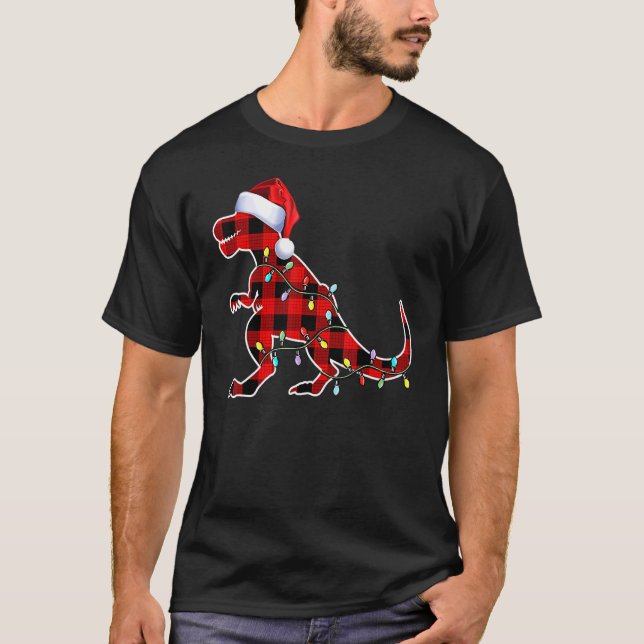 Red Plaid Dinosaur Rex Christmas Lights Tree PJ Ad T-Shirt (Front)