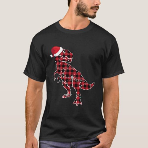 Red Plaid Dinosaur T Rex Christmas Lights Pajamas  T_Shirt