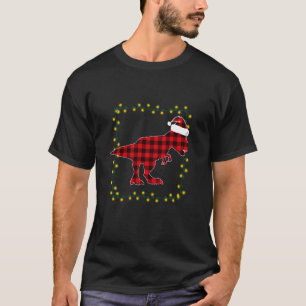 Red Plaid Dinosaur T Rex Christmas Lights Pajamas T-Shirt
