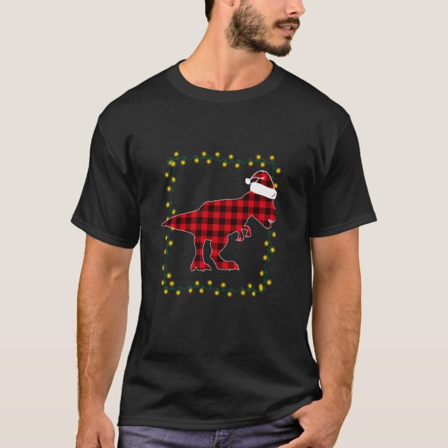Red Plaid Dinosaur T Rex Christmas Lights Pajamas  T-Shirt (Front)