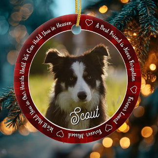Red Plaid Dog Memorial Photo Forever Loved Ceramic Ornament