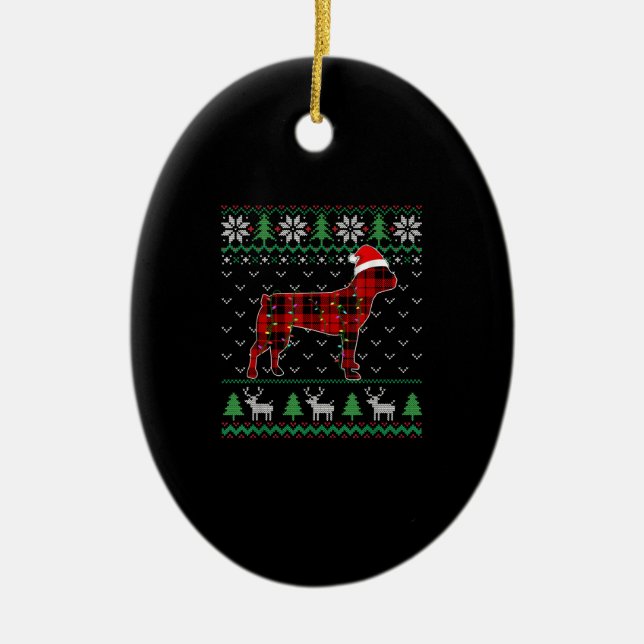 Red Plaid Dog Ugly Christmas Lights Boston Terrier Ceramic Ornament (Front)