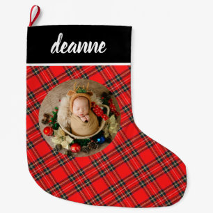 Red Plaid Elegant Baby's First Christmas Photo Large Christmas Stocking