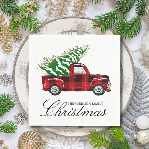 Red Plaid Elegant Script Christmas Vintage Truck Napkins