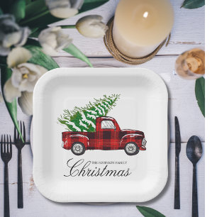 Red Plaid Elegant Script Christmas Vintage Truck Paper Plates
