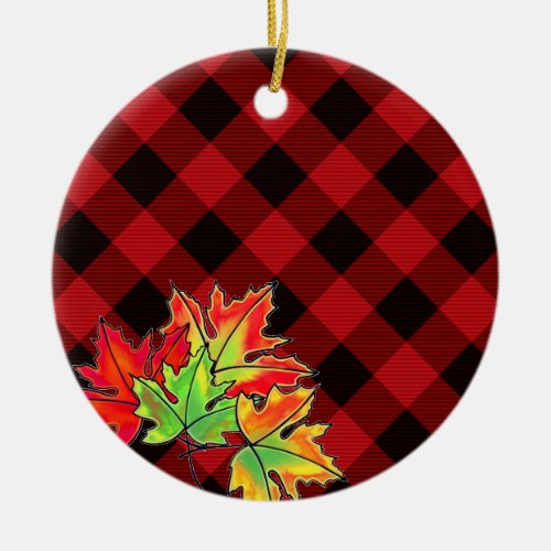 Red Plaid Fall Maple Leaves county classic Ceramic Ornament