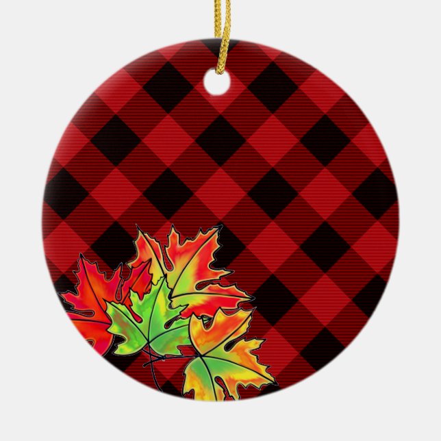 Red Plaid Fall Maple Leaves county classic Ceramic Ornament (Front)