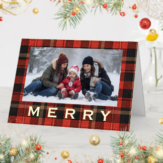 Red Plaid Family and Friends Cozy Merry Gold Text Foil Holiday Card
