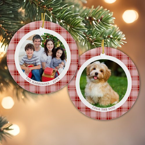 Red Plaid Family Christmas 2 Photos Ornament