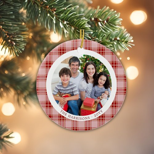 Red Plaid Family Christmas 2 Sided Photo Ornament