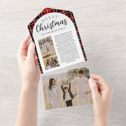 Red Plaid Family Christmas Photo Cards Trifold