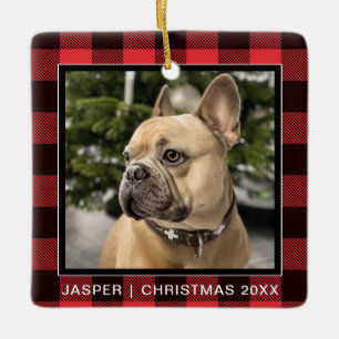 Red Plaid Family Dog Photo Keepsake Christmas Ceramic Ornament