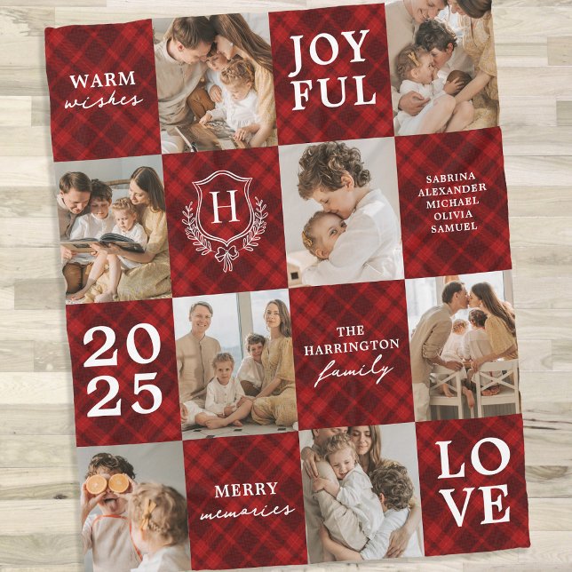 Red Plaid Family Monogram Photo Collage Christmas Fleece Blanket (Creator Uploaded)