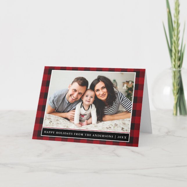 Red Plaid Family Photo Happy Holidays Folded Holiday Card (Front)