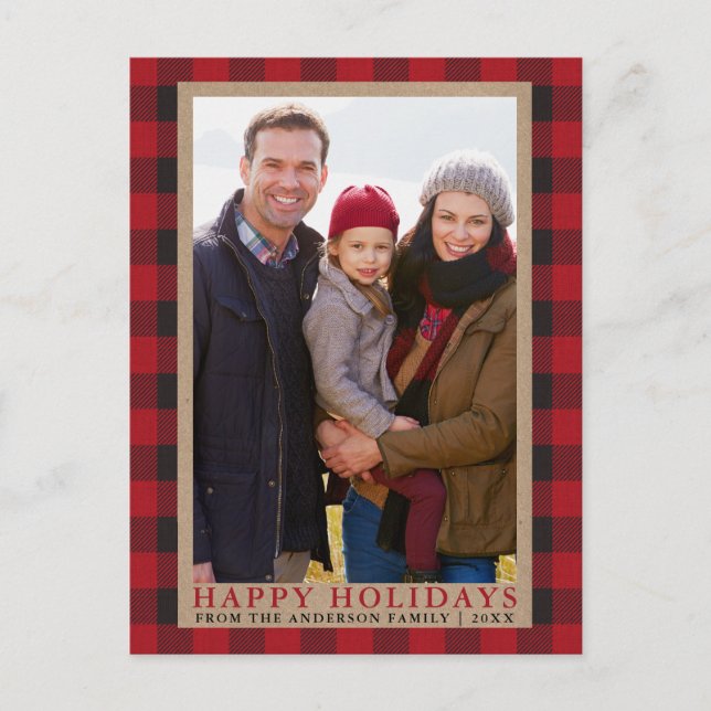 Red Plaid Family Photo Happy Holidays Kraft Postcard (Front)
