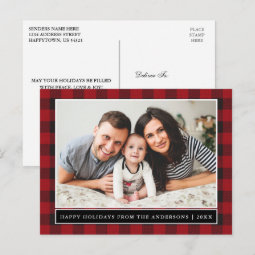 Red Plaid Family Photo Happy Holidays Postcard | Zazzle