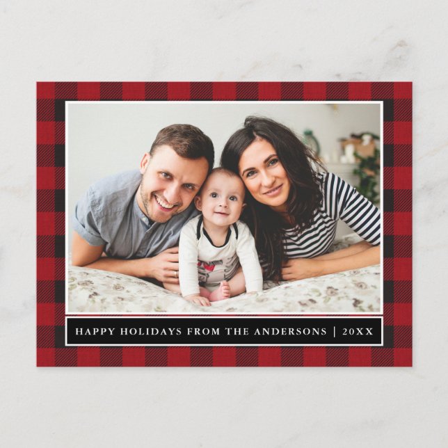 Red Plaid Family Photo Happy Holidays Postcard (Front)