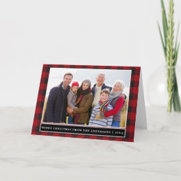 Red Plaid Family Photo Merry Christmas Folded Holiday Card