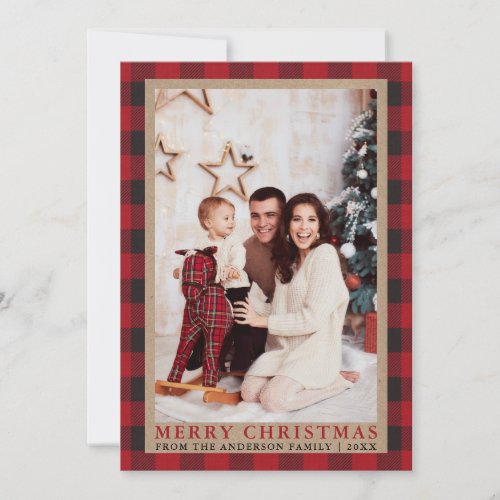 Red Plaid Family Photo Merry Christmas Kraft Holiday Card