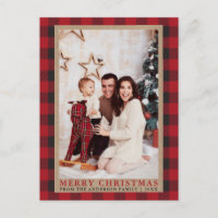 Red Plaid Family Photo Merry Christmas Kraft
