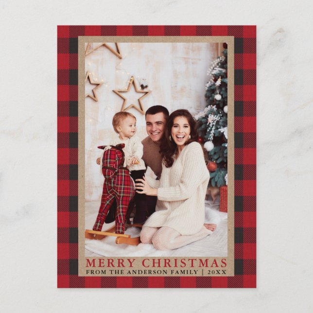 Red Plaid Family Photo Merry Christmas Kraft Postcard (Front)