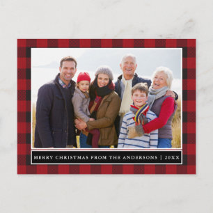 Red Plaid Family Photo Merry Christmas Postcard