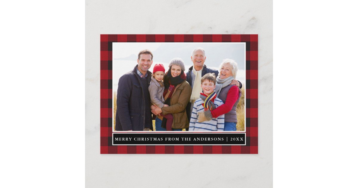 Red Plaid Family Photo Merry Christmas Postcard | Zazzle