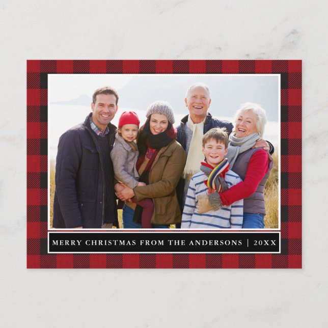 Red Plaid Family Photo Merry Christmas Postcard (Front)
