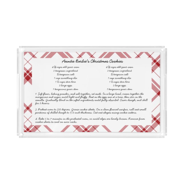 Red Plaid Family Recipe Keepsake Christmas Gift Acrylic Tray (Front)