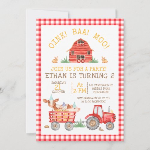 Red Plaid Farm Animals Tractor Birthday Invitation