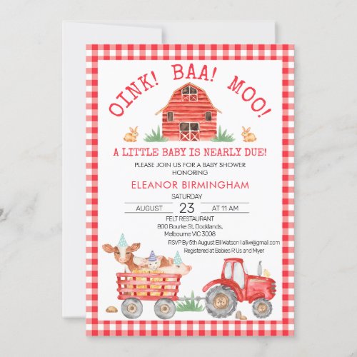 Red Plaid Farm Tractor Baby Shower Invitation