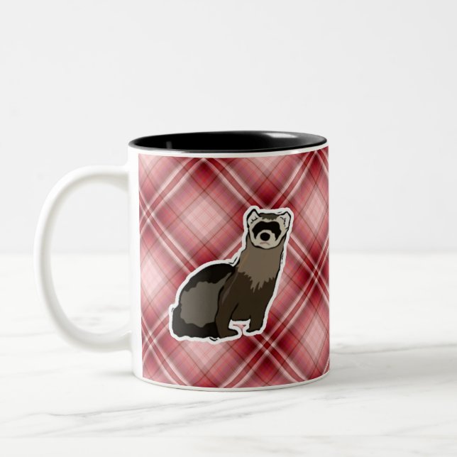 Red Plaid Ferret Two-Tone Coffee Mug (Left)
