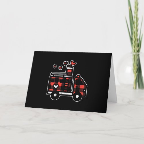 Red Plaid Fire Truck Valentines Day Firefighter Holiday Card