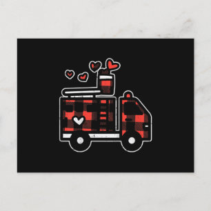 Red Plaid Fire Truck Valentines Day Firefighter Holiday Postcard