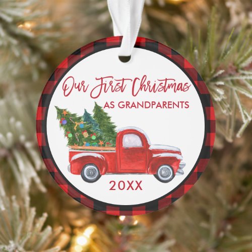 Red Plaid First Christmas as Grandparents Truck Ornament