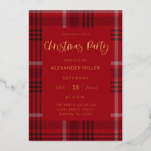 Red Plaid Flannel Christmas Party Foil Invitation