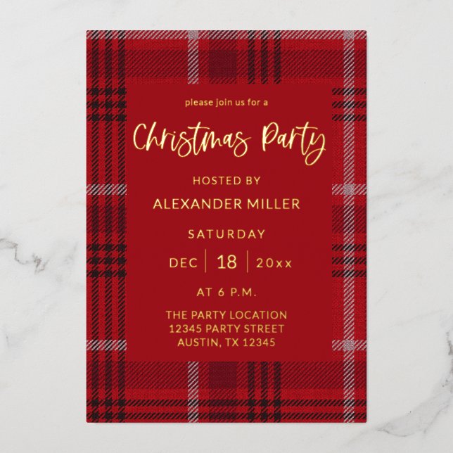 Red Plaid Flannel Christmas Party Foil Invitation (Front)