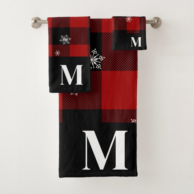 Red Plaid Flannel Custom Monogram Winter Bath Towel Set (Insitu)