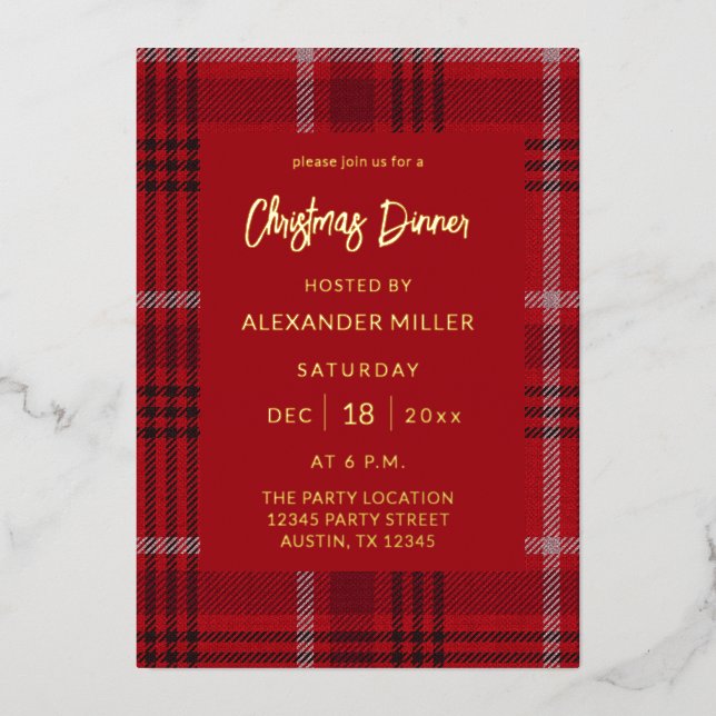 Red Plaid Flannel Holiday Christmas Your Text Foil Invitation (Front)